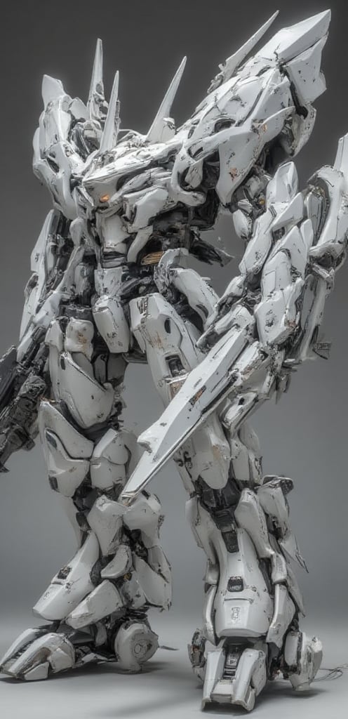 big buff mecha, white colour with big guns instead of hands, unique design 