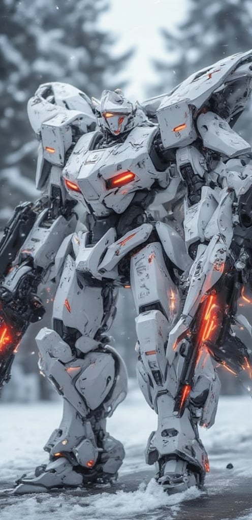 big buff mecha, white colour with big guns instead of hands, unique design 