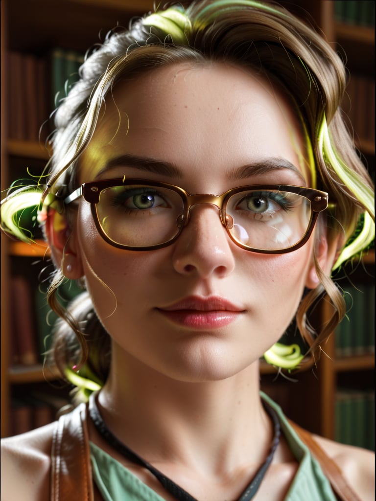 Close-up shot of a stunning redheaded woman wearing glasses, her fiery locks tied back in a ponytail as she sits amidst dusty tomes and leather-bound books within the grandeur of a classic library. Soft, warm lighting casts a flattering glow on her features, highlighting her bright green eyes and delicate nose.