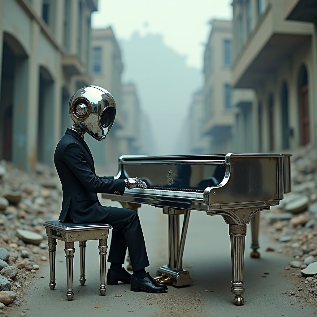 A photo of a chrome grand piano in the middle of a ruined city street,  with a mechanical robot playing the piano. The rob...