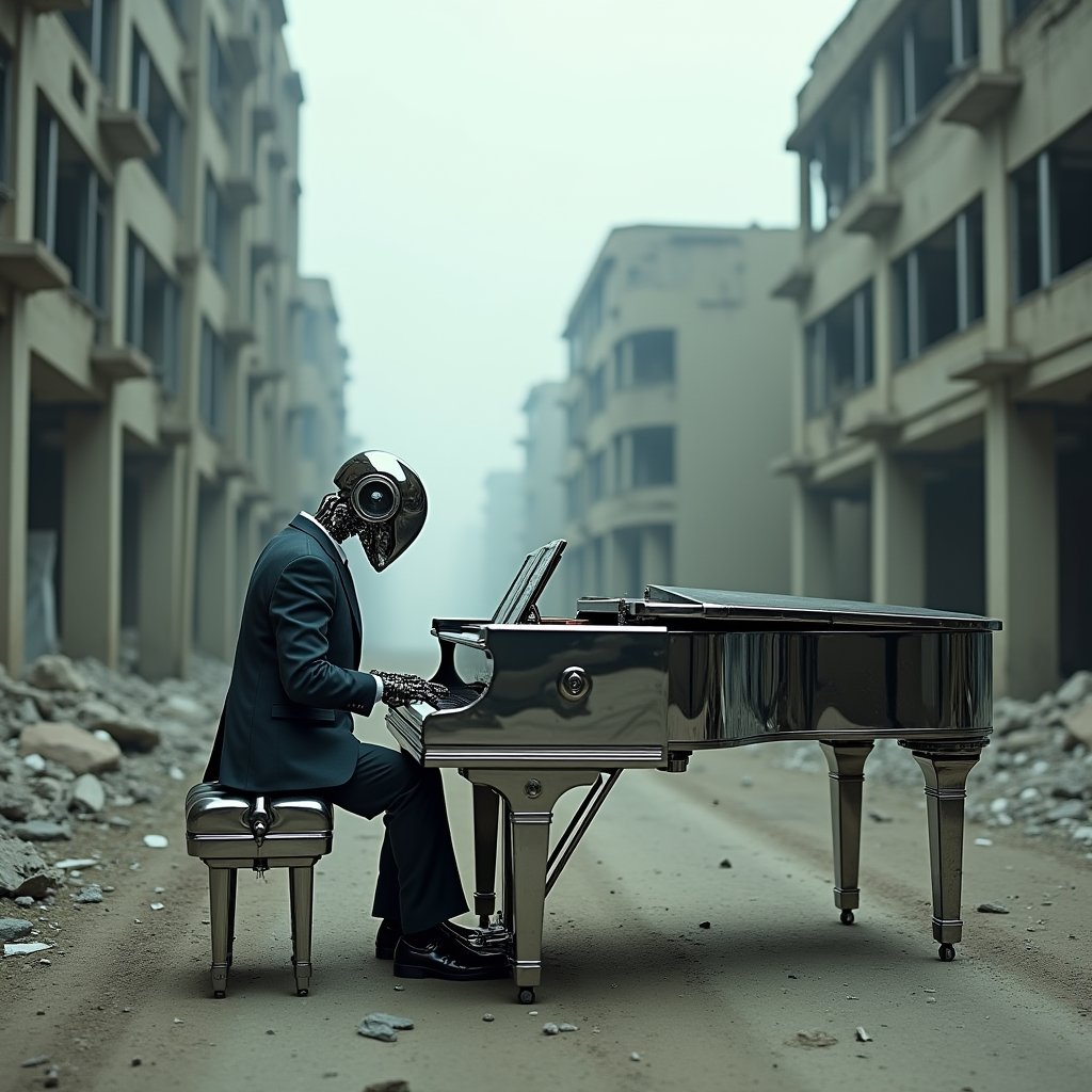 A photo of a chrome grand piano in the middle of a ruined city street,  with a mechanical robot playing the piano. The rob...