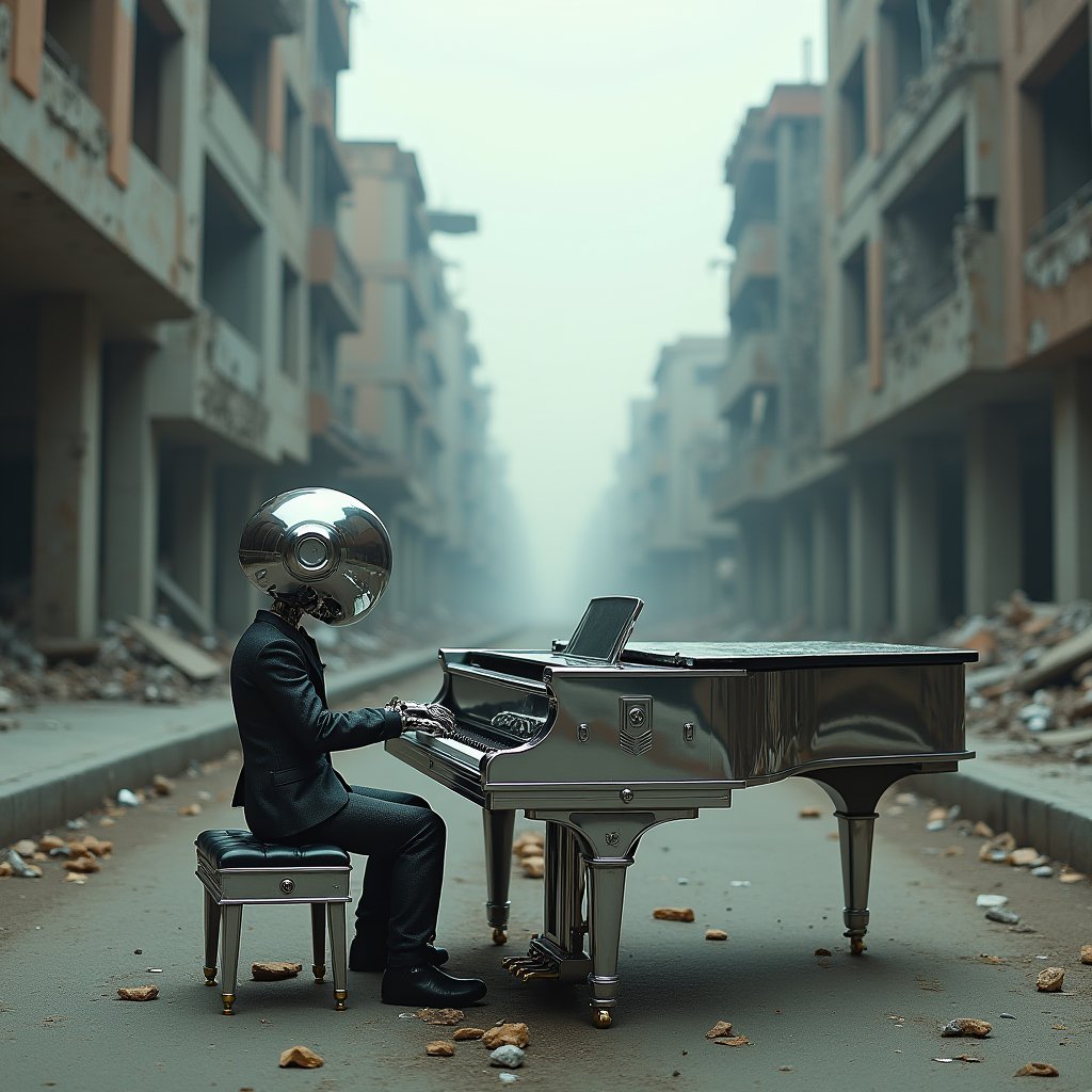 A photo of a chrome grand piano in the middle of a ruined city street,  with a mechanical robot playing the piano. The rob...
