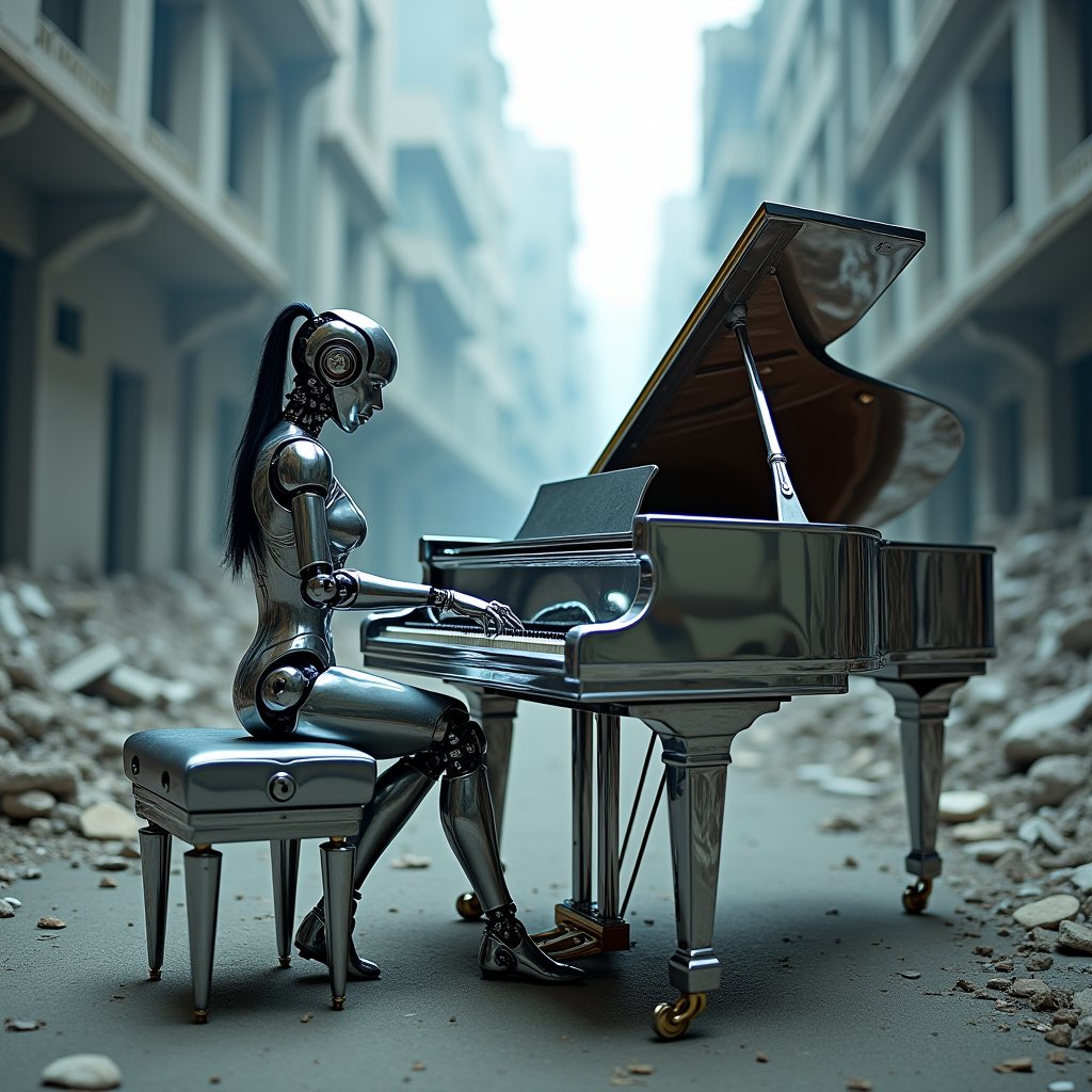 A photo of a chromed grand piano in the middle of a destroyed city street,  on which an beautiful k-pop girl,  she is play...