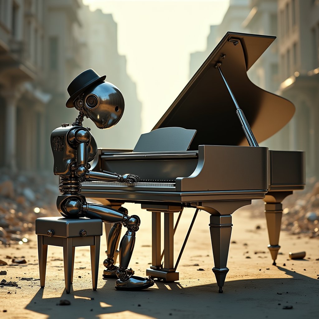 A photo of a chrome grand piano in the middle of a ruined city street,  with a mechanical robot playing the piano. The rob...