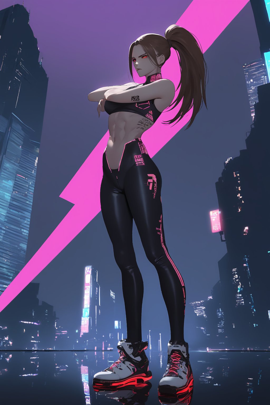 cyberpunk, city technology wallpaper, retro colorful lights, kaos, glowing scepter, bright, neon lights, reflections, sparkles, 1 girl, slim, sensual, athletic, sexy, provocative, Dark brown straight hair in a tight ponytail, red eyes, serious expression, imposing, very tight mechanical black top, very very short and tight black pants, white mechanical shoes, standing, sensual position, suggestive, provocative, sexual, sexy, lover, strong abs, machined elbows, lightning envelops his arms, tattoos of numbers and codes on his arms, standing pose, ciborg,electronic clothing, technological clothing





