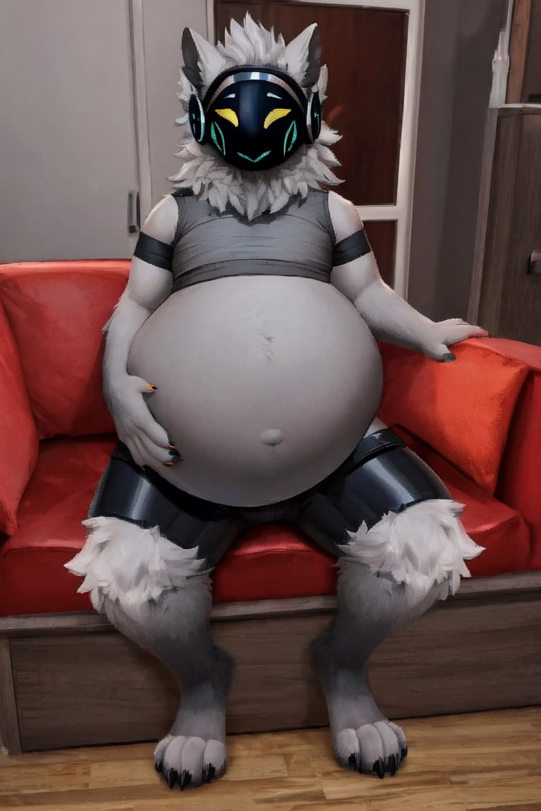 Female Muscular protogen, ((wearing a gray crop top and black shorts)), at home, (huge belly),  (sitting), (stuffing) (dark gray belly) (belly noises) (holding male protogen in lap)