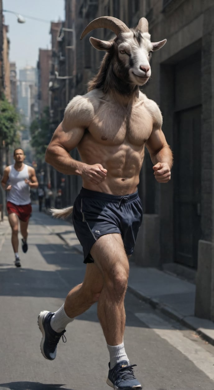 Create a man with a goat head, a tight t-shirt, wearing athletic shorts, jogging, abs, lean, sneakers, city, outdoors, looking painful, high detailed,photo r3al,Movie still, HDR, sexual, hairy thin legs, clear shoulders, knee-high socks, full body, running through the street,,