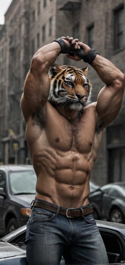 Create a tiger man in tight T-shirt leaned on his car. Hands behind his head, posing, wearing tight jeans, boots, city , outdoors, abs, looking painful, high detailed,photo r3al,Movie still, HDR, body hair, large biceps