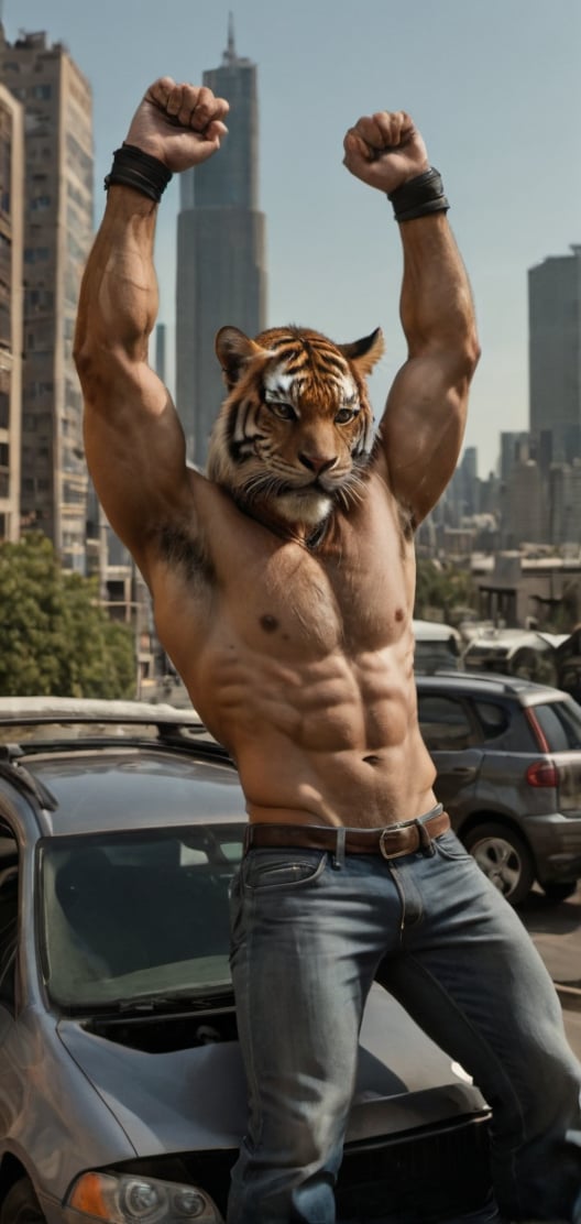 Create a tiger man in tight T-shirt leaned on his car. Hands behind his head, posing, wearing tight jeans, boots, city , outdoors, abs, looking painful, high detailed,photo r3al,Movie still, HDR, body hair, large biceps