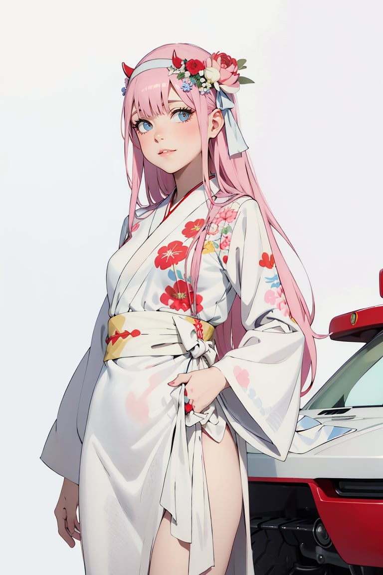 (((picture perfect))), (absurdres), 1girl, solo,zero two, smile, looking at viewer,(highest quality:1.4), Best aesthetics, Accurate, (masterpiece:1.4), (Cowboy Shot:1.2),  [white background:japanese pattern background:0.3],(white kimono:1.2), floral print,Details,Ink art,Detailed Masterpiece,Shiny clothes and hair, beautiful