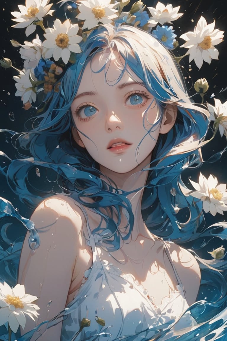 1girl, most beautiful korean girl, Korean beauty model, stunningly beautiful girl, gorgeous girl, 20yo, over sized eyes, big eyes, smiling, looking at viewer, ((Cowboy Shot: 1.5)), very beautiful, correct anatomy, long transparent white/blue hair, blue eyes, liquid, wet, water, open ribs, bones, ((white flowers grow inside her body))), skeleton flowers, blue color pallete aesthetic lighting, lot of details, narue ,1 girl,makise kurisu