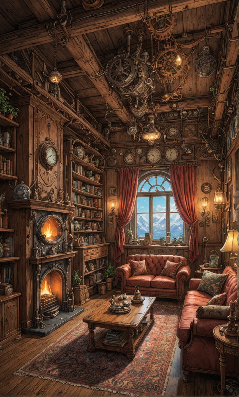 The living room in a cozy steampunk room, brightly colored, Studio Ghibli, StdGBRedmAF, line art