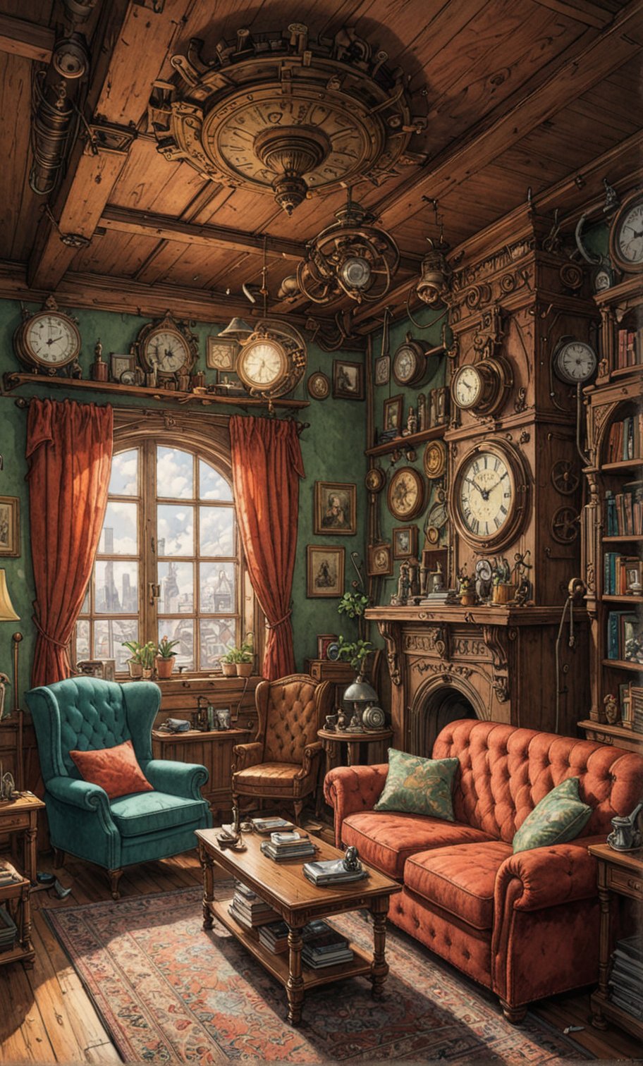 The living room in a cozy steampunk room, brightly colored, Studio Ghibli, StdGBRedmAF, line art