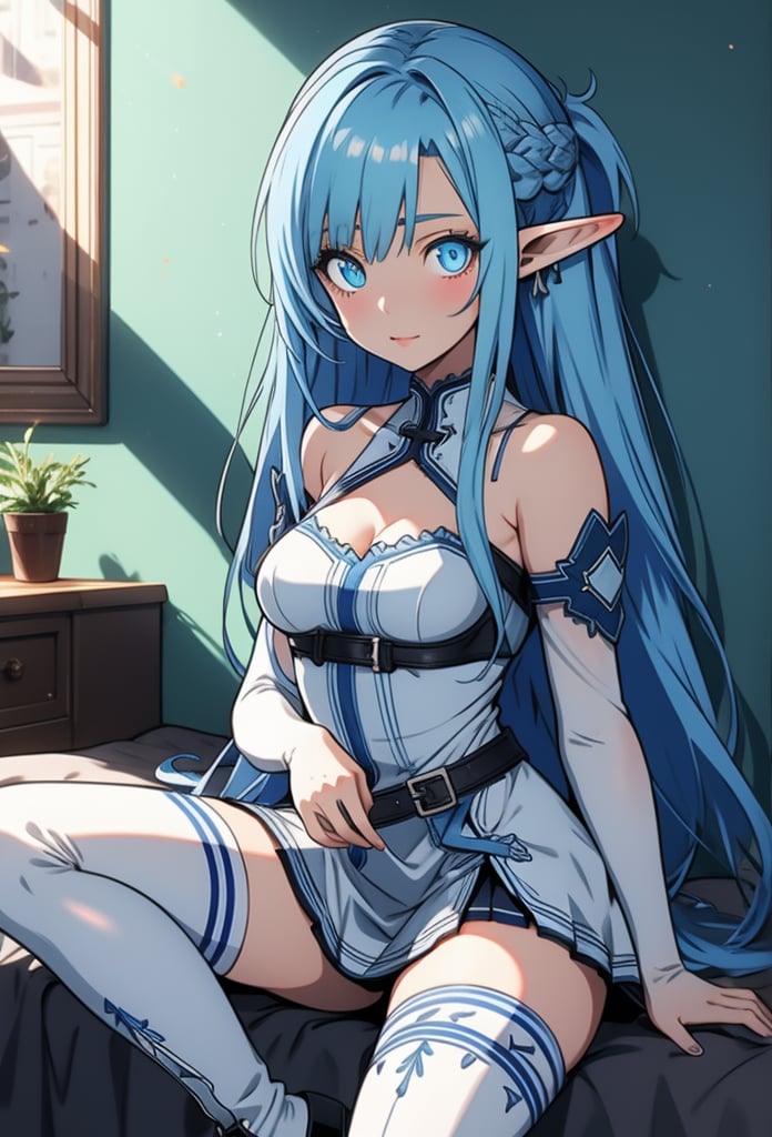 asunayuuki, , asuna yuuki, long hair, blue eyes, blue hair, pointy ears, elf, (small breast:1.2),BREAK thighhighs, dress, boots, detached sleeves, zettai ryouiki, white footwear, blue thighhighs,BREAK indoors, bed, bedroom,BREAK looking at viewer, BREAK , (masterpiece:1.2), best quality, high resolution, unity 8k wallpaper, (illustration:0.8), (beautiful detailed eyes:1.6), extremely detailed face, perfect lighting, extremely detailed CG, (perfect hands, perfect anatomy),Light blue background wall, spotlight, shining hair, shining clothes,beautiful