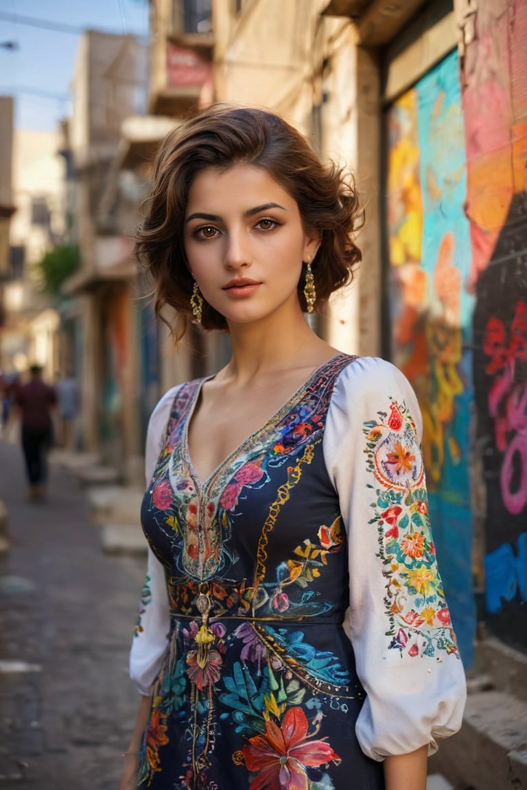 a beautiful Syrian woman standing confidently in a sunlit alley lined with colorful street art. She wears a beautifully embroidered dress that reflects her cultural heritage, with vibrant colors that enhance her strong presence. Her hair is styled elegantly, framing her face, which radiates warmth and intelligence, face,