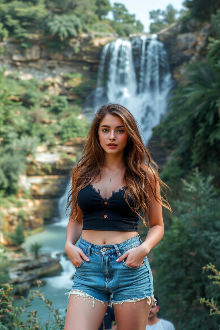 beautiful Jordanian on a vacation in Turkey, 27 years old, posing for a picture in a scene full of nature and greenery and waterfall in background, she's wearing denim shorts and a black top, girl focus, face 