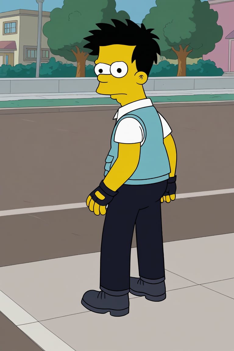 theSimpsonsstyle, 1boy, source cartoon, solo, solo focus, colored skin, Yellow skin, male focus, teenager, short hair, black hair, shade over head, biker vest, blue vest, open vest, t-shirt, white t-shirt, short sleeves, biker pants, dark blue pants, gloves, fingerless gloves, boots, black footwear, full body, standing, Toony, black eyes, outdoors, neighborhood.