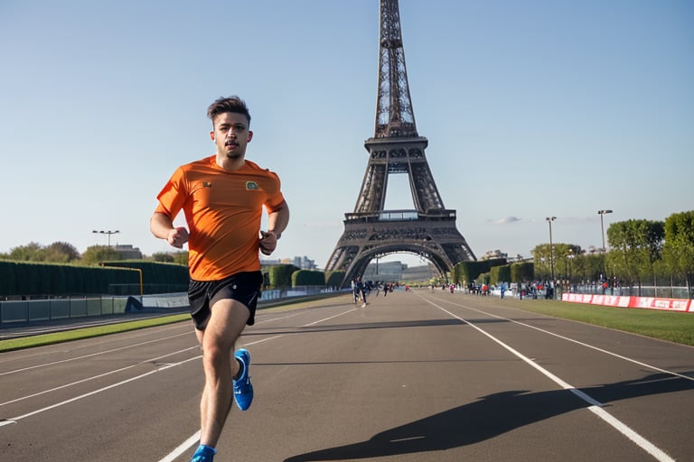 A dynamic snapshot captures a vibrant male runner in mid-stride, exuding youthful energy from his powerful pose. The bold, bright uniform bursts with color against the stark grey track, while the Eiffel Tower's majestic iron latticework rises into the misty blue sky. Sharp focus on male athlete's determined expression and athletic build as he stands poised at the starting line, the stadium's sleek grandstands curving around him like a gentle arc, the track's gray surface stretching out to meet his sprinting stride.