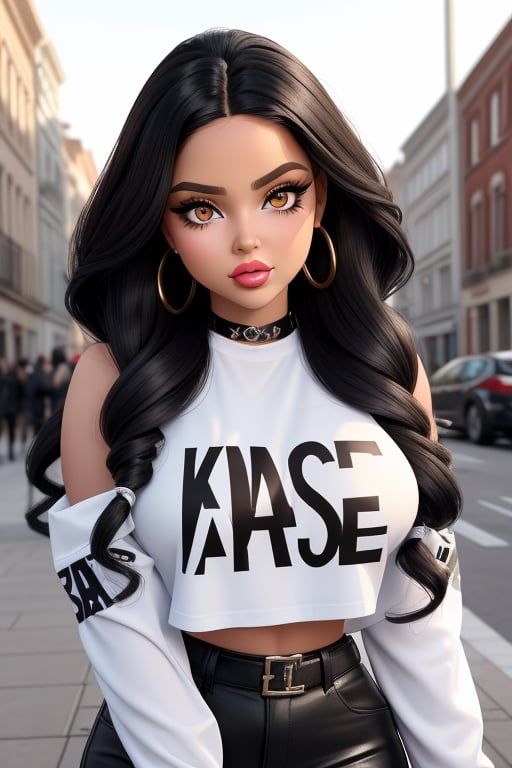 Create a hyper-realistic,  3D depiction of a Bratz doll styled as a real-life plus-size woman of Latina descent. She shoul...