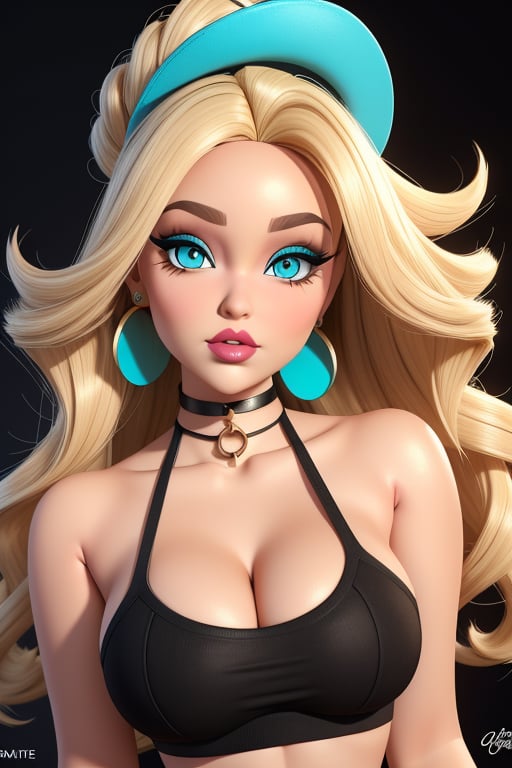 Create a hyper-realistic,  3D depiction of a Bratz doll styled as a real-life plus-size woman. She should have long,  curl...