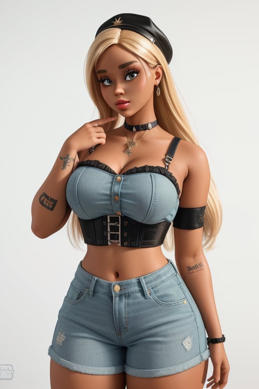 Create a hyper-realistic,  3D-rendered Bratz doll styled as a human-like,  overweight yet confident and sexy woman. She sh...