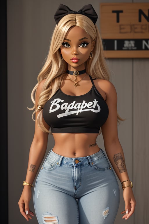 Create a hyper-realistic,  3D depiction of a Bratz doll styled as a real-life,  plus-size African-American woman with noti...