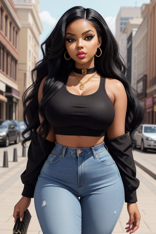 Create a hyper-realistic,  3D depiction of a Bratz doll styled as a real-life,  plus-size African-American woman with noti...