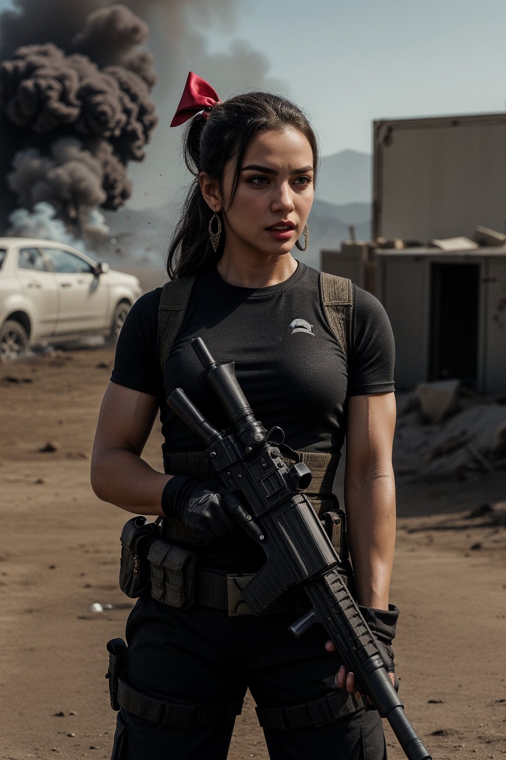 1girl, strong muscular Girl, solo, long hair, looking at the viewer, serious, angry, blood, bleeding, brown hair, realistic, ponytail, open mouth, gloves, holding, weapon, realistic, short sleeves, boots, black gloves, pants, fingerless gloves, black footwear, holding weapon, blurry, gun, military, black shirt, blurry background, black pants, holding gun, rifle, assault rifle, combat boots, ar-15, Military, elegance, masterpiece, earrings, realistic, masterpiece, best quality, photorealistic, raw photo, earrings, black eyes, lips, bow headband, lips, ribbon, realistic, parted lips, lips, ribbon, realistic, blurry background, Military, Taskforce, standing, shooting, (((hollywood action movie style))), (((explosions))) (((blood))), post apocalyptic battleground, walking with a gun in her hand, jacket on, zoomed out long shot to showcase the surroundings. (((Zoomed out long shot)))), (((zoomed out)))