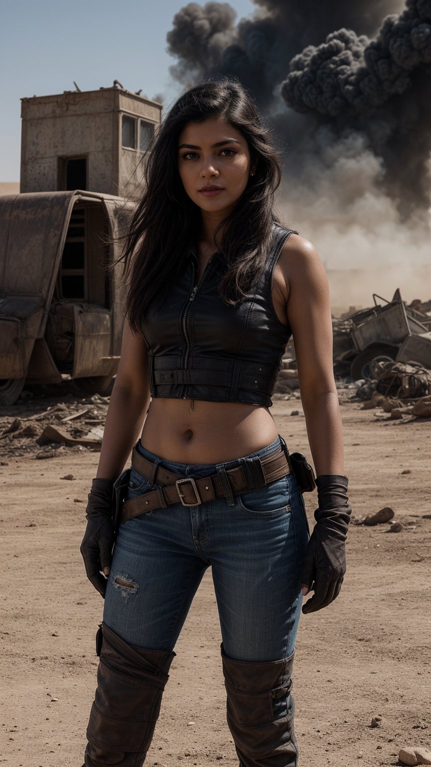 (Highest quality, Ultra HD, 16k, Masterpiece) The renowned actress Rashmika Mandanna, dressed as a character from the Mad Max universe, is standing in a desolate, post-apocalyptic desert. The shot is a medium view that captures her and the immediate surroundings. Keerthy Suresh has a rugged and determined expression, with dirt and grime accentuating her striking features. Her hair is windswept and tousled, adding to the gritty aesthetic.

She is wearing a distressed leather jacket with metallic studs, straps, and patches, over a tattered tank top that reveals her fit physique. Her pants are rugged and worn, with multiple pockets and a utility belt filled with tools and weapons. She has knee-high combat boots, fingerless gloves, and protective gear strapped to her body, completing the fierce and battle-hardened look. The detailed textures and weathered appearance of her clothing and gear highlight her resilience and strength in this harsh environment.

In the background, the desert stretches out under a dramatic, fiery sky filled with smoke and ash. The destruction of a huge Gastown is taking place, with towering flames, explosions, and crumbling structures, but these elements are less prominent, serving as a backdrop to emphasize her presence. The medium shot focuses on Keerthy Suresh's rugged costume, her fit physique, and her intense expression, while the background provides context without drawing attention away from her.

The lighting is dramatic, with intense contrasts that emphasize the textures of her costume and her determined expression. The overall scene captures the essence of the Mad Max universe, with a focus on Keerthy Suresh's fierce character, her detailed and rugged costume, and the expansive, post-apocalyptic surroundings in the background.
