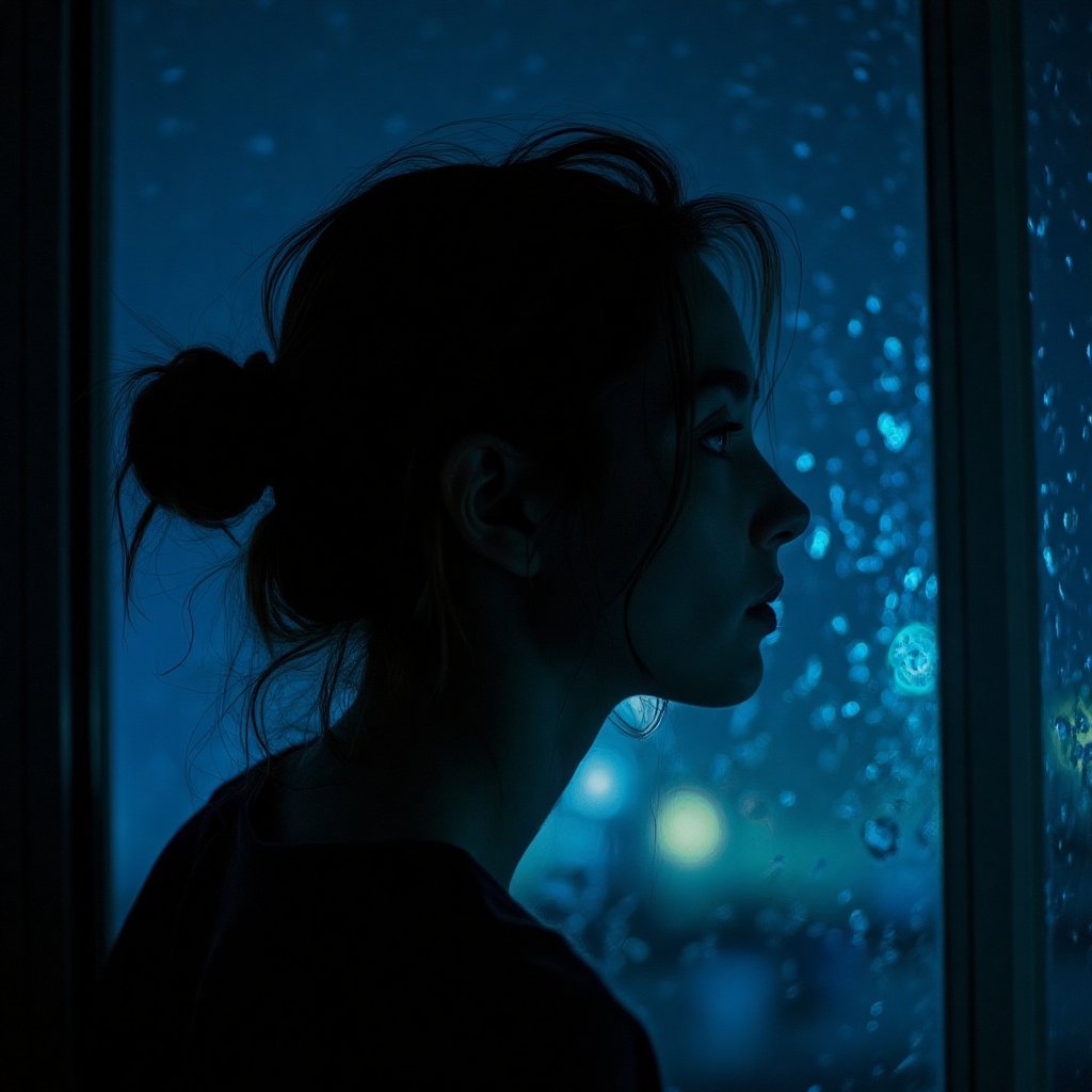  
 close-up of a young woman in profile, hair gathered in a bun at the back of her head, face in profile in the dark, her face is illuminated by a weak blue light from the window behind which there is rain, wet glass