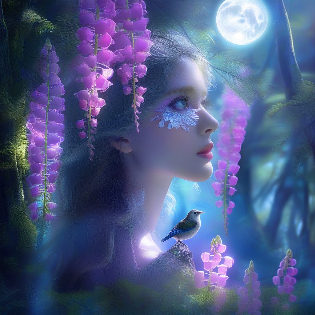  fantasy art,
double exposure,
foxglove flowers,
forest maiden with clear gray eyes, long fluffy eyelashes
moss, curved trees, moon, california bird,
fairy tale,
double exposure, mother of pearl, neon, detailing,
HDR