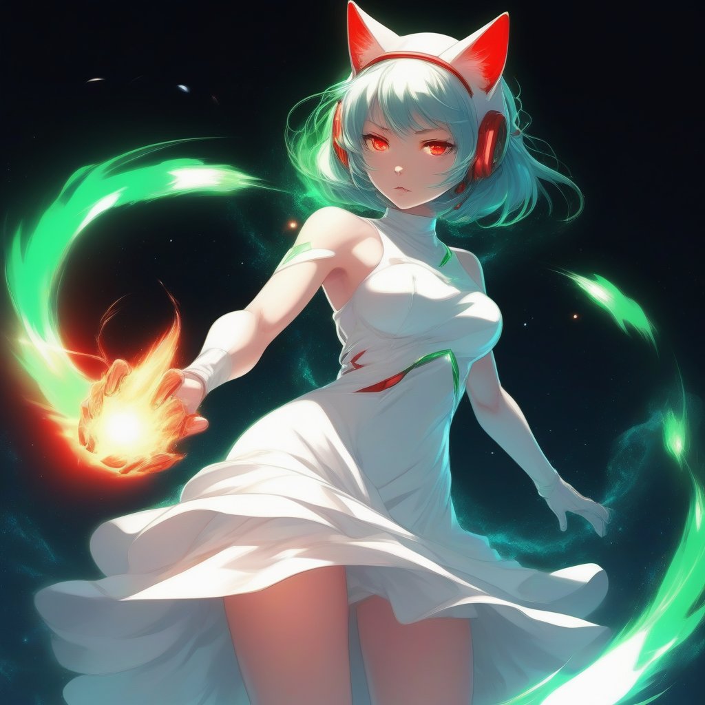 distant space, the spirit of angel,in the form of a girl, cat ears on her head, shining with green light, in a white dress, fighting with a space mutant, burning with a blue flame, emitting a bright red flame, style anime