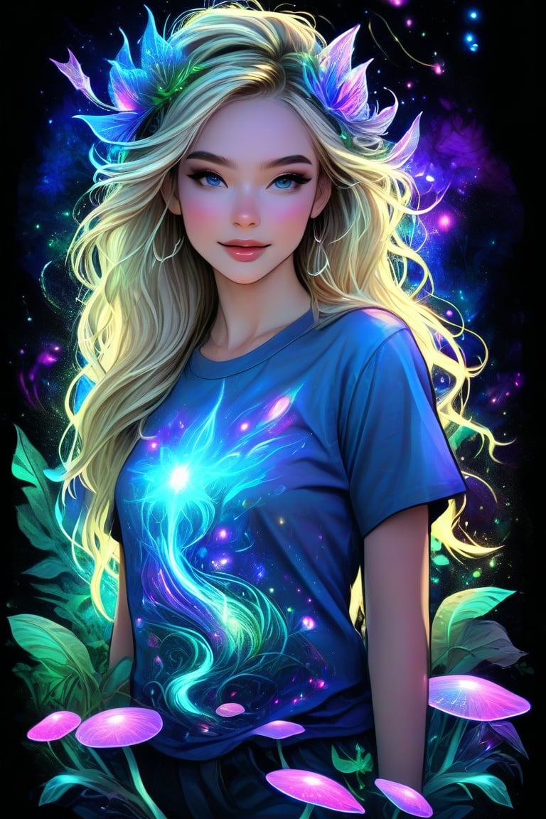 slavic fantasy, bioluminescence in the night, beautiful 18-year-old blonde, cascading flowing hair, expressive eyes, cosmic-colored print on the t-shirt, playful expression on the face, magnificent color palette, mystical ambiance, glowing plants in the background