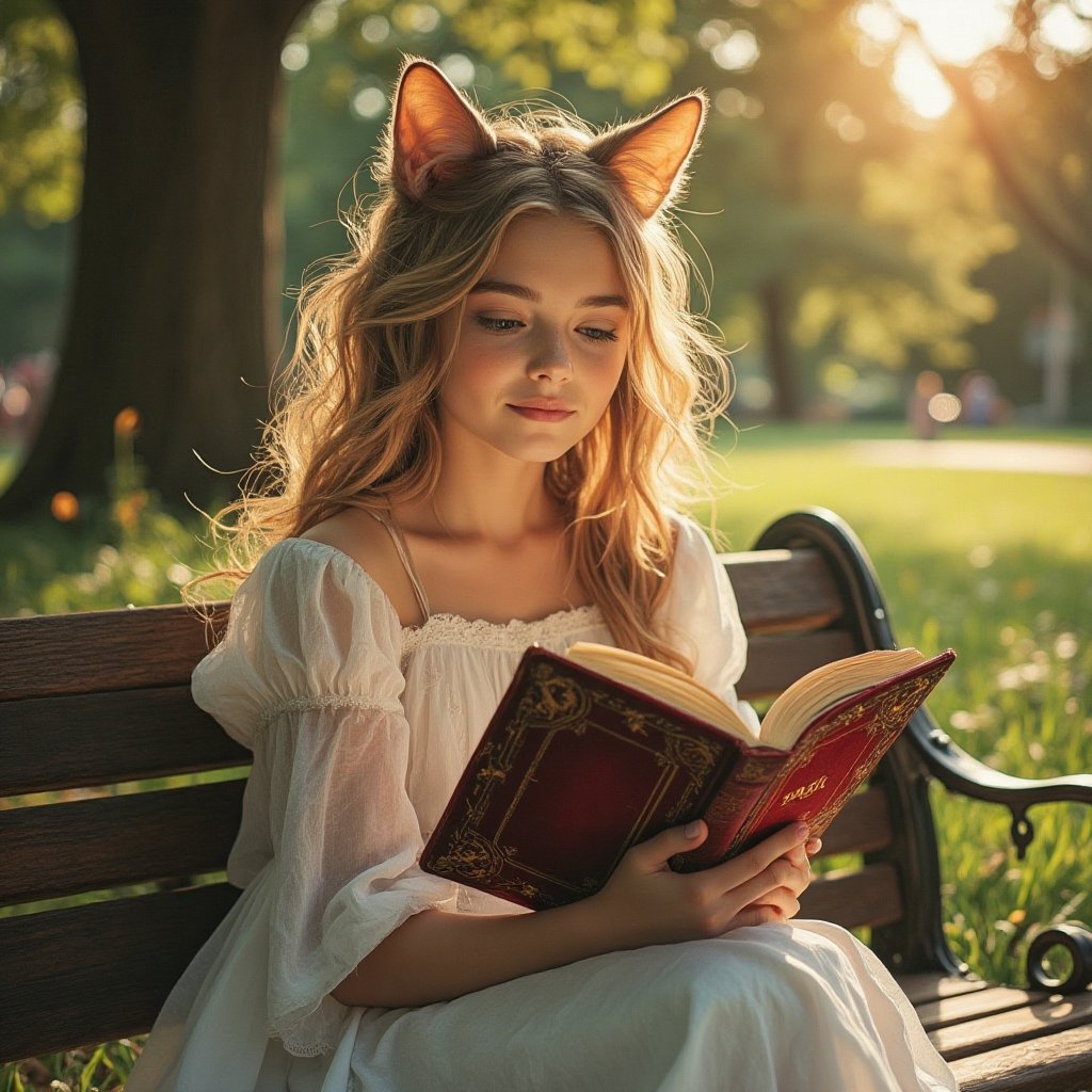  day, sun, park. Girl, cat ears, in white dress, sits on bench and reads old magic book, in velvet and gold trim