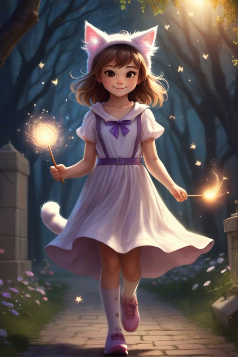 (walks, stands, runs, dreams) ;
(heroine of a book about magic) ;
(girl, fluffy cat ears on her head) ;
(in a great mood casts a spell) .