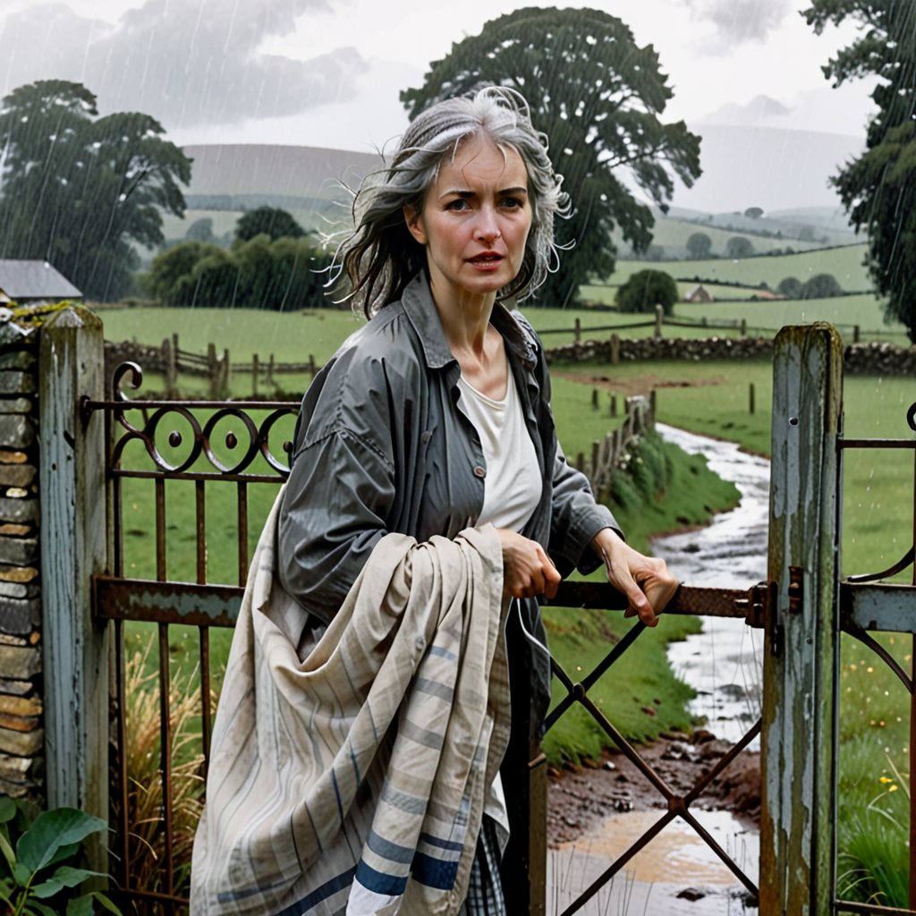 oil, broad strokes, woman holding an open gate in the rain, inspired by Howard Chandler Christie, England, style by Laura Sawa, grey-haired, close-up against nature, in the countryside, beautiful illustration by William Edward Scott, beautiful flowing fabric, dirty clothes, storm