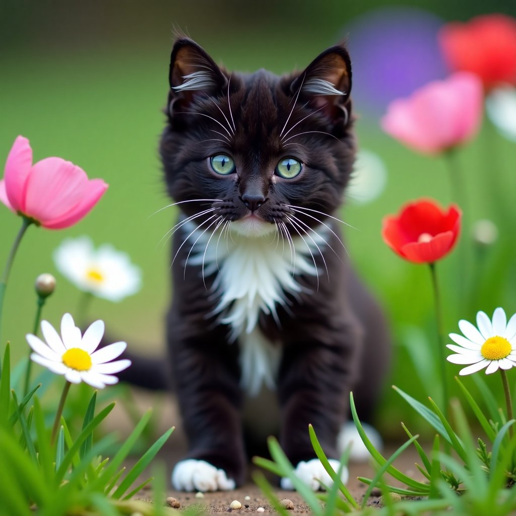 cute black cat of chinese munchkin breed with white chest and white paws on flowering meadow,  daisies,  cornflowers by  M...