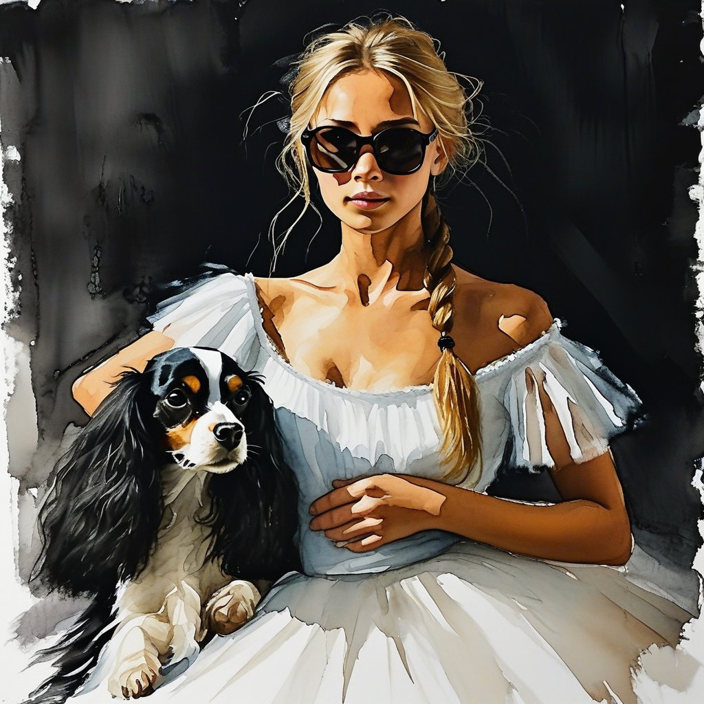 watercolor acrylic, random interesting pose, Russian woman in a white dress and a black and white dog, ballerina, sports glasses on a dog)), for a catalog, blond hair. ponytail, tutu, dark background