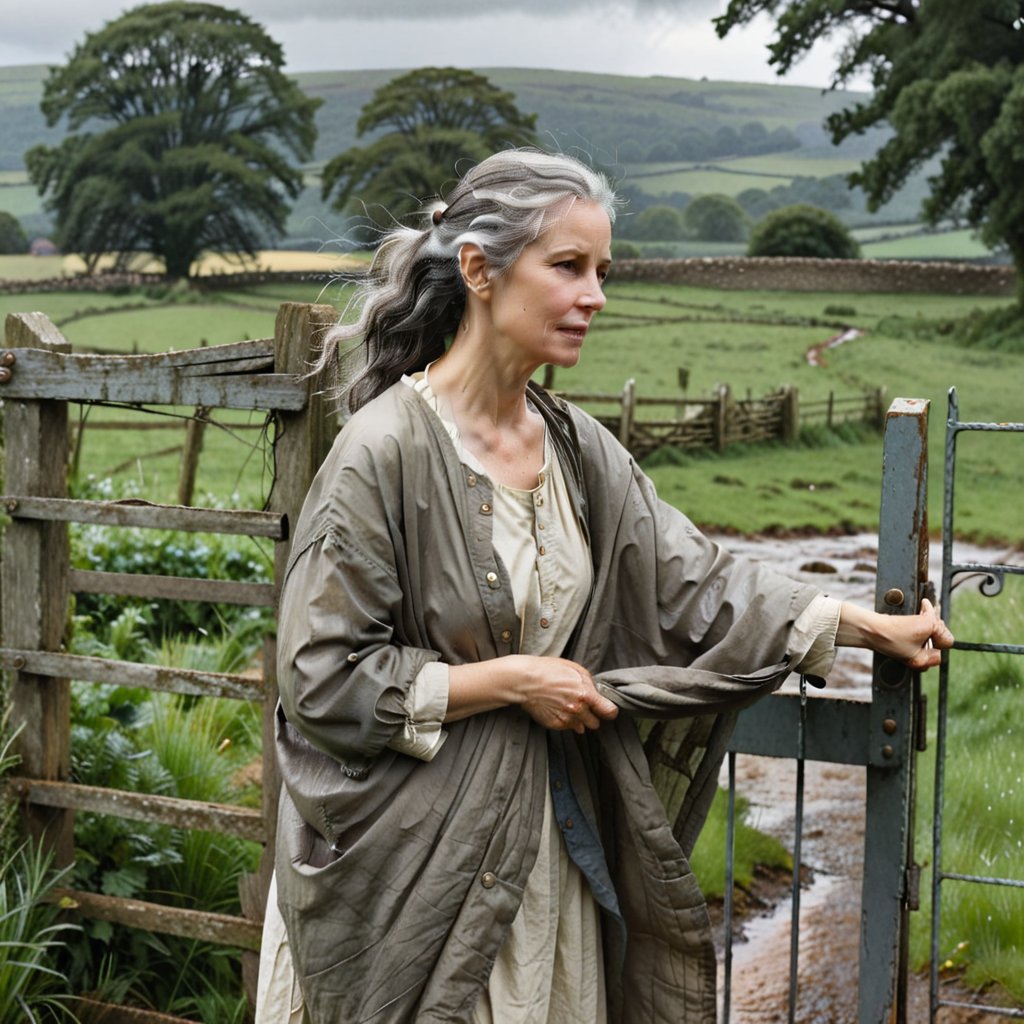 oil, broad strokes, woman holding an open gate in the rain, inspired by Howard Chandler Christie, England, style by Laura Sawa, grey-haired, close-up against nature, in the countryside, beautiful illustration by William Edward Scott, beautiful flowing fabric, dirty clothes, storm