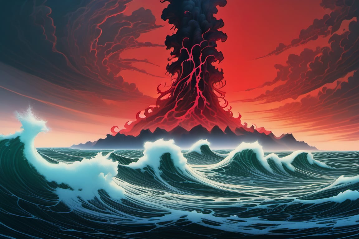 Create an image of a massive, towering red lily growing amidst the turbulent waves of the ocean during a violent storm. The sky should be dark and stormy with heavy clouds and lightning, and the waves should be crashing against the lily, highlighting the dramatic and intense atmosphere.
In the sci-fi style reminiscent of the renowned sci-fi artists. The image's composition and lighting are inspired by the style of most renowned photographers.