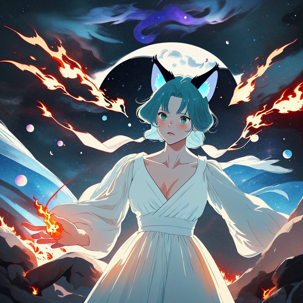 distant space, the spirit of angel,in the form of a girl, cat ears on her head, shining with green light, in a white dress, fighting with a space mutant, burning with a blue flame, emitting a bright red flame, style anime