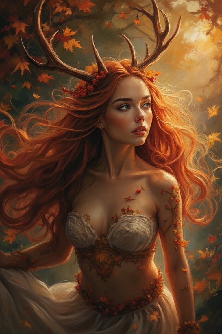   a woman with deer antlers, dynamically jumping, with luminous eyes and long red hair, her body is covered with ornaments - autumn leaves and red rowan berries, deep shadows and rich light, fantasy, forest autumn background