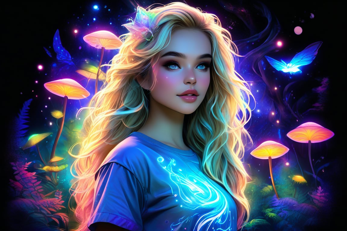 slavic fantasy, bioluminescence in the night, beautiful 18-year-old blonde, cascading flowing hair, expressive eyes, cosmic-colored print on the t-shirt, playful expression on the face, magnificent color palette, mystical ambiance, glowing plants in the background