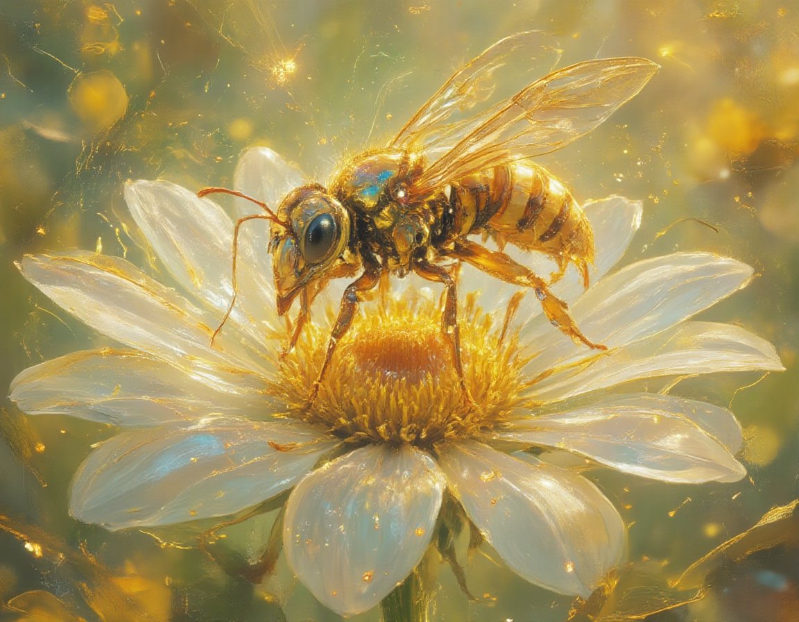 This is a highly detailed digital artwork featuring a realistic depiction of a Wasp,  meticulously rendered with a futuris...