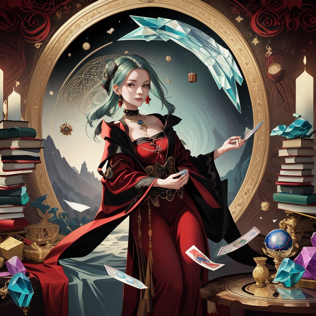 Create an image of a female fortune teller looking forward and at the viewer. She is dressed in a black and red robe. In front of her is a wooden table with a crystal ball and scattered tarot cards. The background is filled with books, which creates a mystical atmosphere. hyperdetail