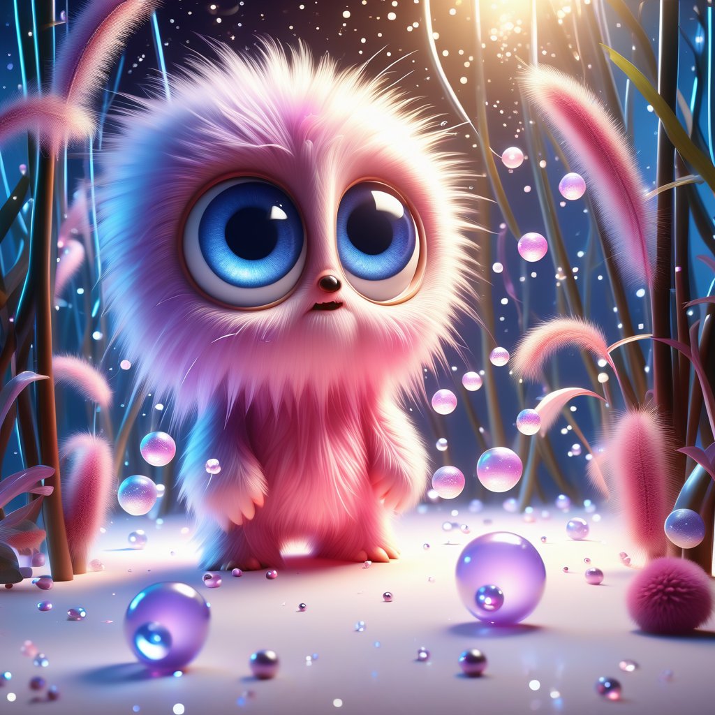 surreal, two absolutely cute fluffy (pink.blue.lilac) furry creatures playing (with little magic pearls), white sand, sea, garland of lanterns, water, big eyes, glitter, gentle evening in the tropics, shells with pearls, transparency, fractals of light, sumi-e Midjourney, palm trees, flowers, octane render, fairy tale, bokeh, neon lines + lumens, fireflies, mother-of-pearl highlights, realism, hyperization, hdr