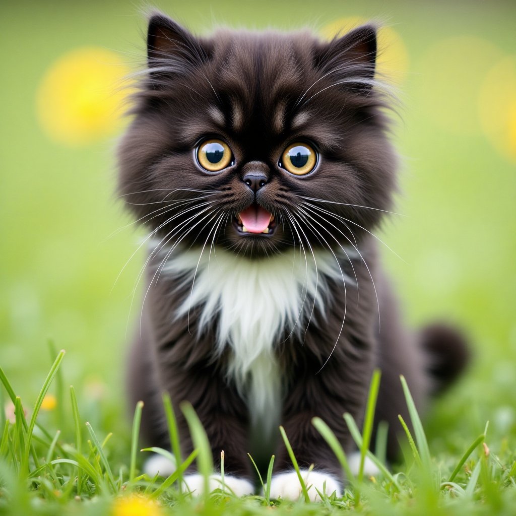 cute black cat of Chinese Munchkin breed with white chest and white paws on spring meadow,  detail,  sharp focus by  Mila...
