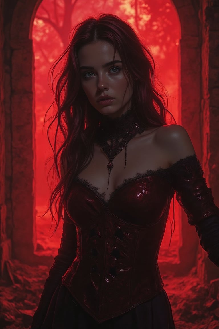  
beautiful european girl in gothic camisole, leather datalized armor with red tint, against the background of a medieval abandoned village, ghostly shimmer on the armor red backlight, in the style of van helsing. Ray tracing, cinematic lighting, trends on artstation