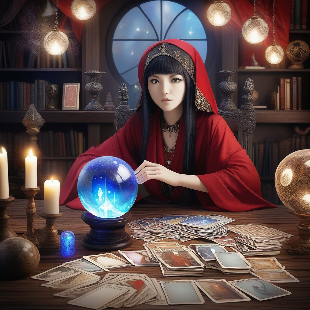 Create an image of a female fortune teller looking forward and at the viewer. She is dressed in a black and red robe. In front of her is a wooden table with a crystal ball and scattered tarot cards. The background is filled with books, which creates a mystical atmosphere. hyperdetail