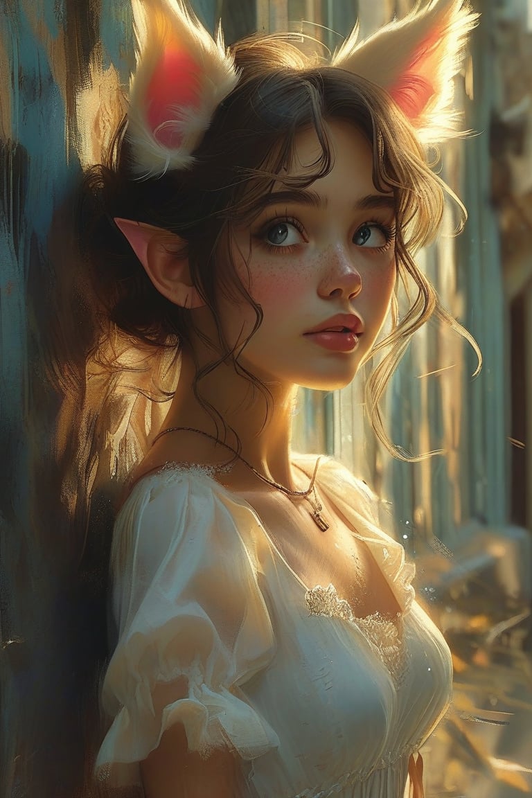 (walks, stands, runs, dreams) ;
(heroine of a book about magic) ;
(girl, fluffy cat ears on her head) ;
(in a great mood casts a spell) .